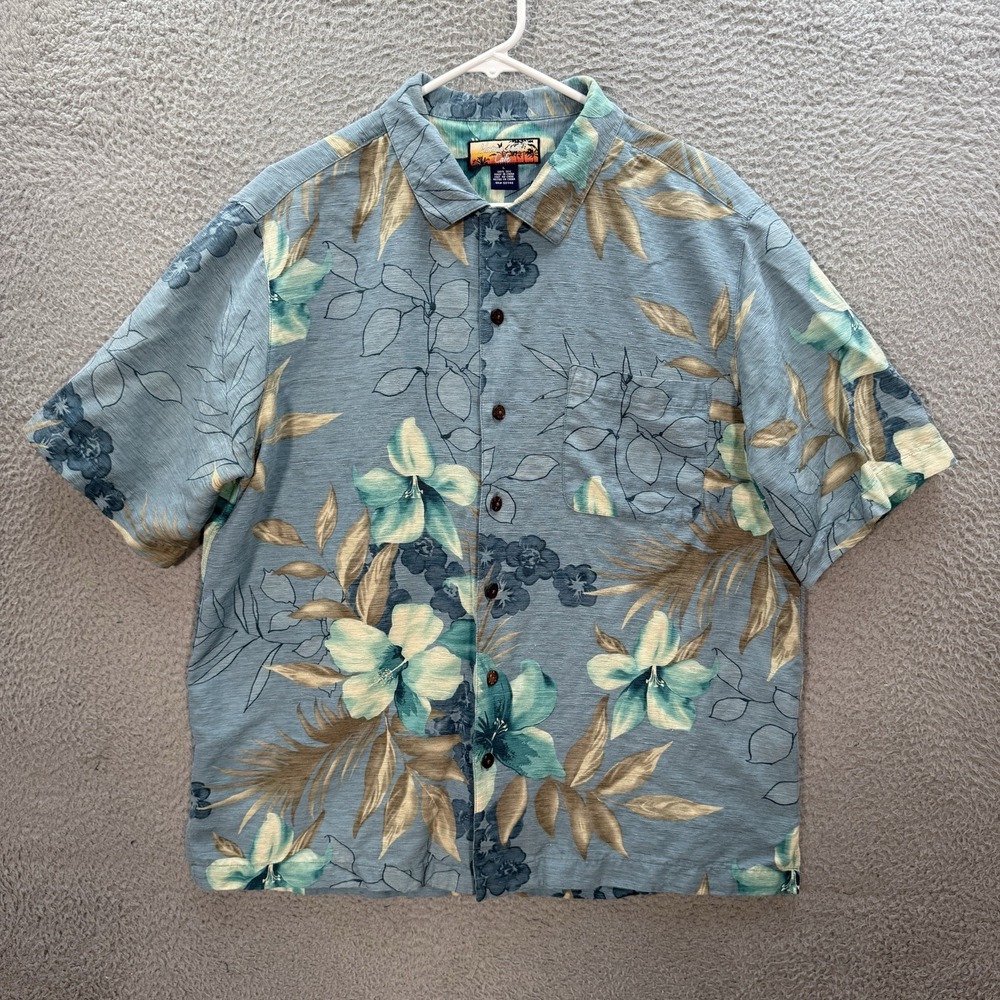 Havana Jacks Cafe Shirt Mens L Blue Floral 100% Silk Hawaiian Camp Loop Collar